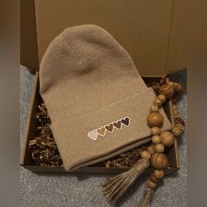 Brand New Tan Beanie with Heart Design